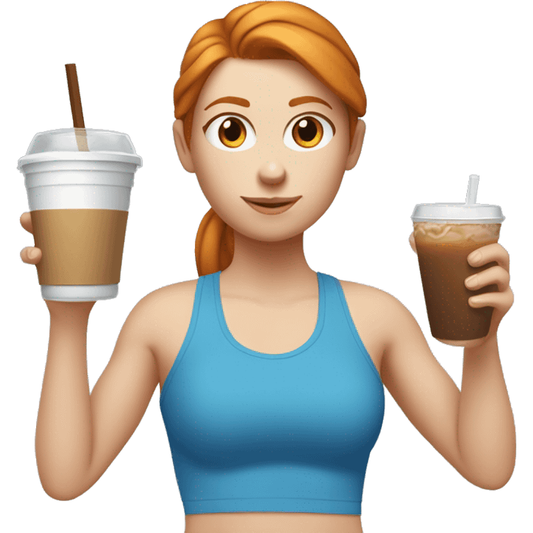 Ginger straight haired white girl in blue sports bra and leggings drinking brown iced coffee emoji