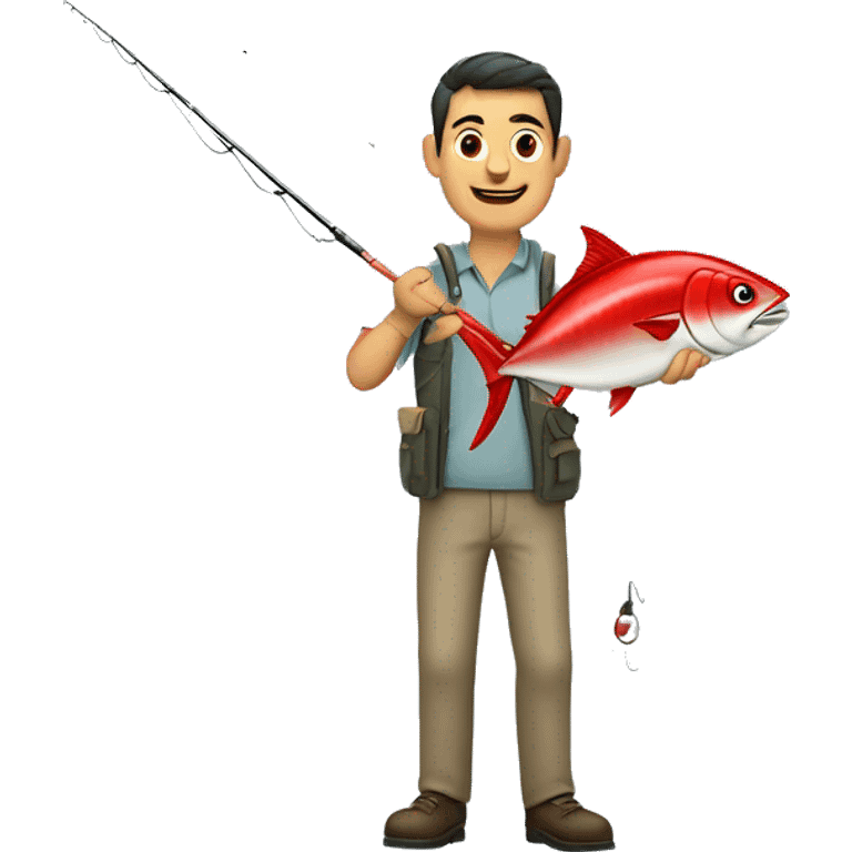 husband holding fishing rod with red fishing line hooked tuna emoji