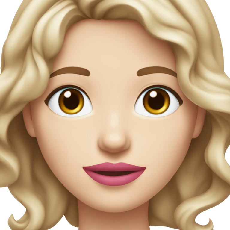 An adult white woman with wavy brown shoulder-length hair, pink lips, and blue eyes, cropped at the shoulders, on a white background emoji