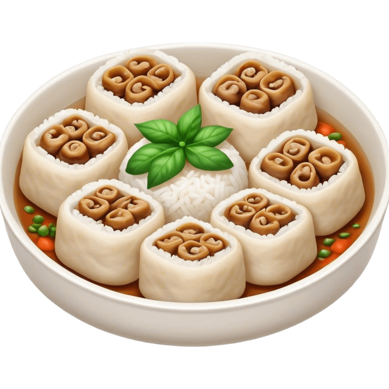 Cinematic Realistic B√°nh cu·ªën Dish Emoji, featuring steamed rice rolls filled with savory minced pork and mushrooms rendered with soft textures and inviting, warm lighting. emoji