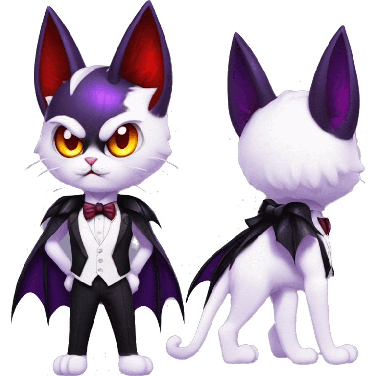 Cute-Evil-Vampiric-Batty-Cat-Black-Purple-Red-Yellow-Contrast-Colors-Fantasy-Fur-Sona-Chibi-Shiny-Fakémon-Hybrid with horns and big fangs neck bow white tie leg spats full body emoji