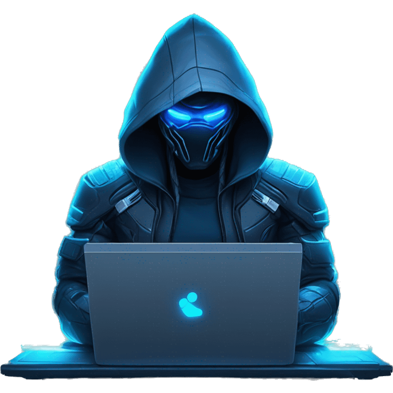 Hacker behind his laptop with this style : crysis Cyberpunk Valorant neon glowing bright blue character blue black hooded assassin themed character emoji