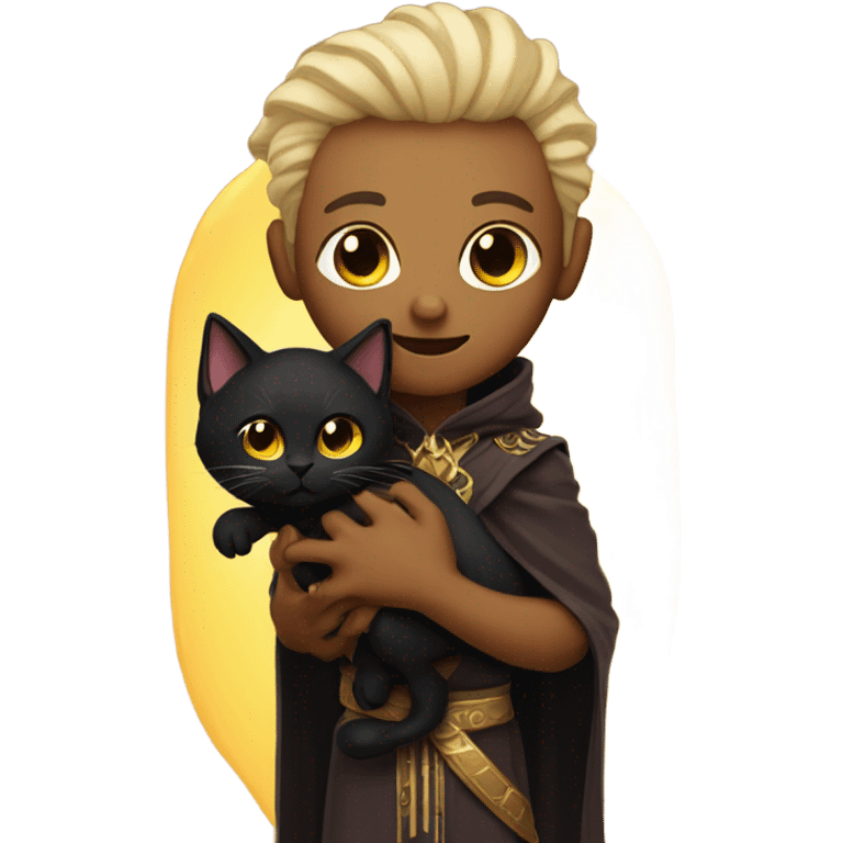 A sun warlock who has light skin and is holding a black kitten emoji