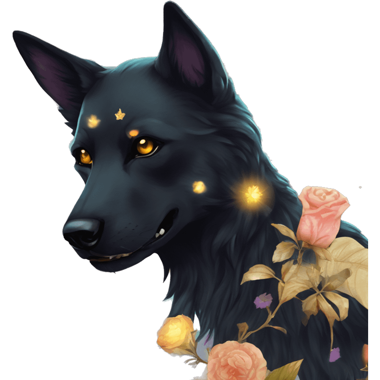 Black iridescent fluffy dog fox head zombie skull skeleton gold mechanical nebula galaxy stars colorful flowers fairy lights vintage emoji