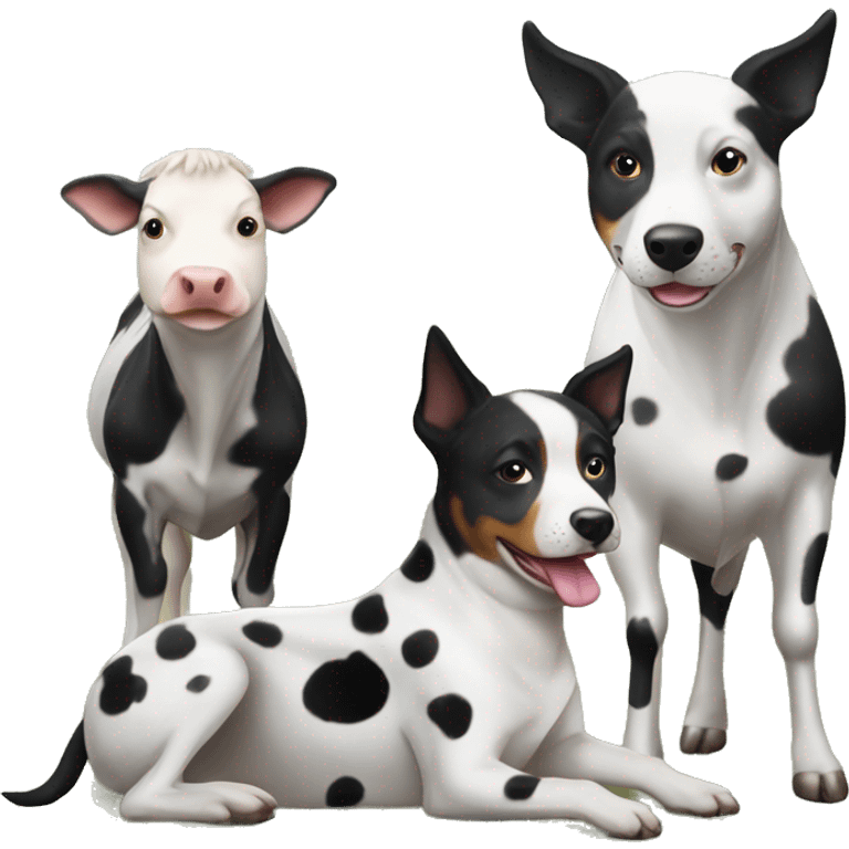 Black and white spotted Australian cattle dog with cows emoji