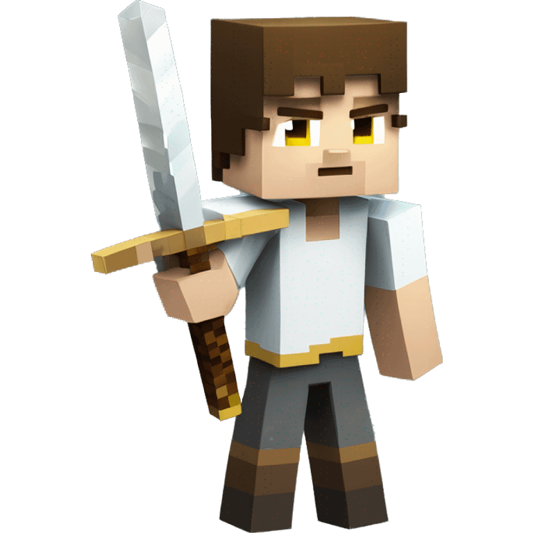 The image shows a Minecraft character with white skin, bright yellow eyes, and short brown hair. The character is holding a wooden sword and has a blocky, pixelated appearance typical of Minecraft. emoji