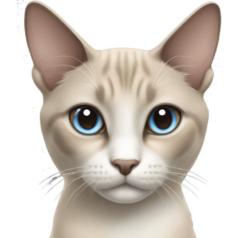 Thai breed cat with a light cream-brown body, dark gray face, ears, and paws. Short fur, sharp ears, and striking light blue eyes with an intense gaze. emoji