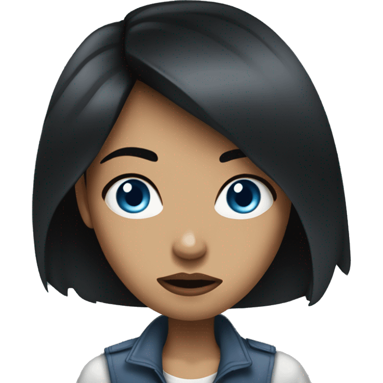 woman black hair blue eyes, look angry, street girl emoji