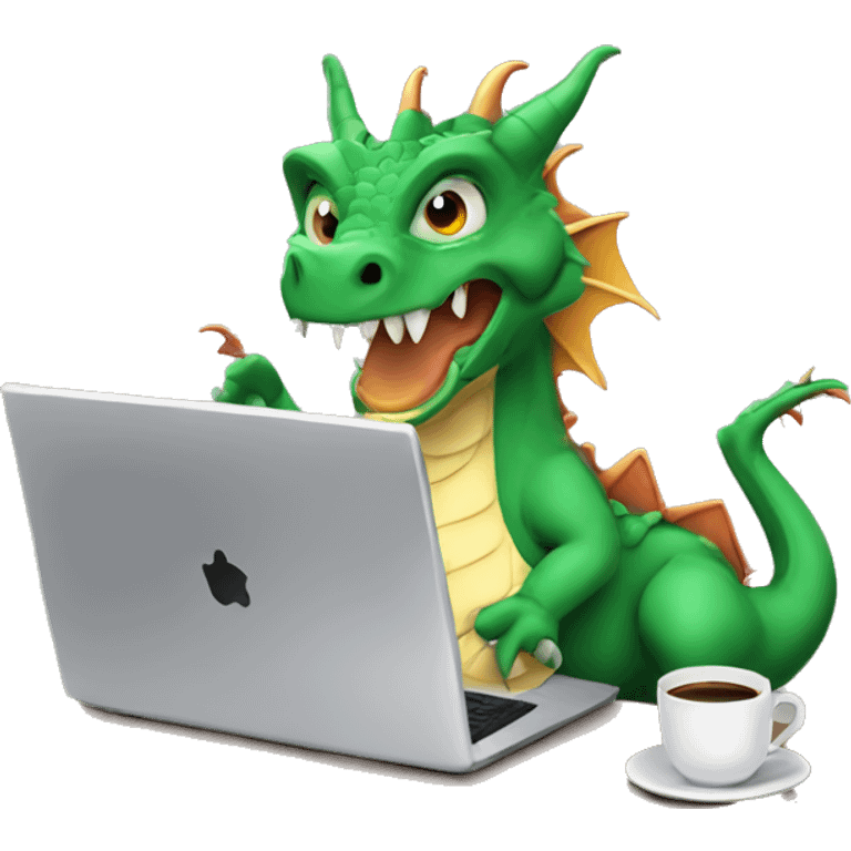 dragon on a laptop, wearing a shirt with the words hump day on it, with a cup of coffee in his right hand emoji