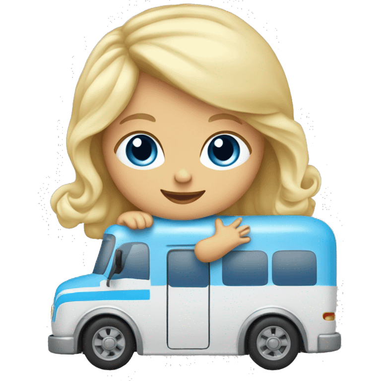 Blonde blue eyes baby playing with small toy bus emoji