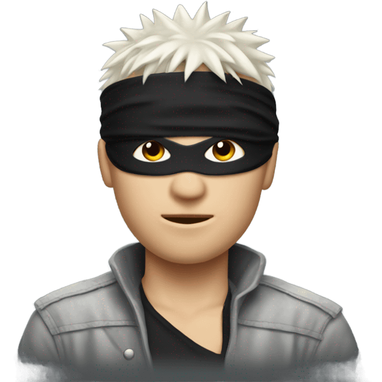 white male with white spiky hair wearing a black blind fold emoji