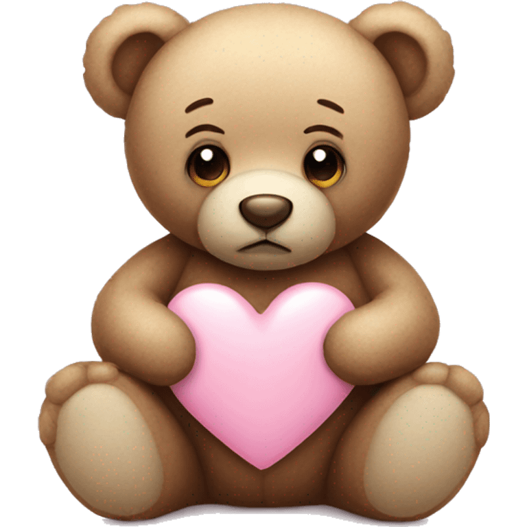 Teddy bear with sad eyes holding a pastel pink heart emoji