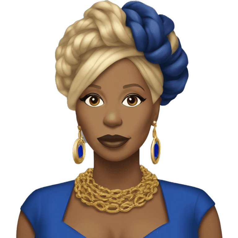 Attitude Mary j blige with blue and gold locs wearing a royal blue and gold dress  emoji