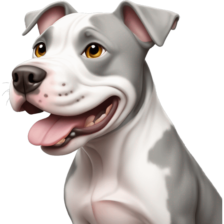 White and gray pitbull with a goofy face emoji