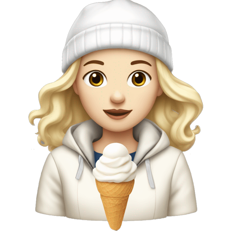 A girl with pale skin holding a vannila ice cream with a white jacket and a white beanie emoji