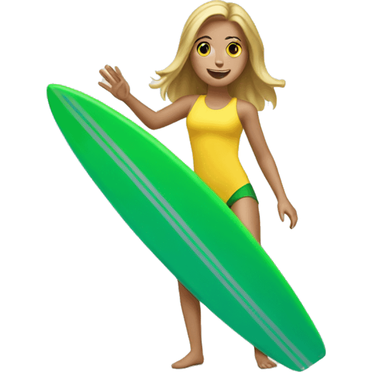 white girl surfing green yellow surf board emoji