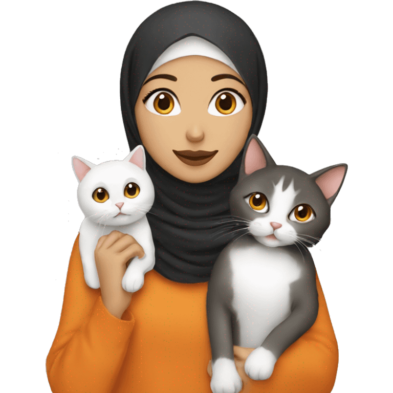 Hijabi girl with two cats, one orange and one white  emoji