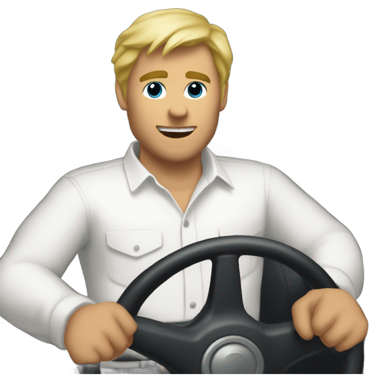 blond man with white button-down shirt behind a steering wheel emoji