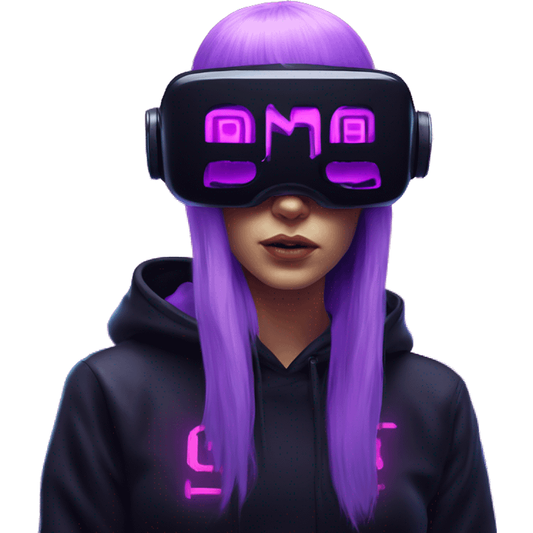 Russian girl wearing black hoody with violet letters "OMG", in vr headset. Cyberpunk style. Violet neon. emoji