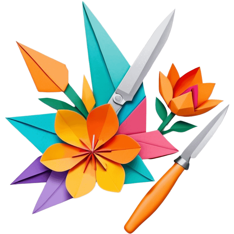 Paper crafting icon, colorful paper sheets, origami figures, 3D paper flowers, visible scissors and craft knife, minimalistic style, clean lines, transparent background. emoji