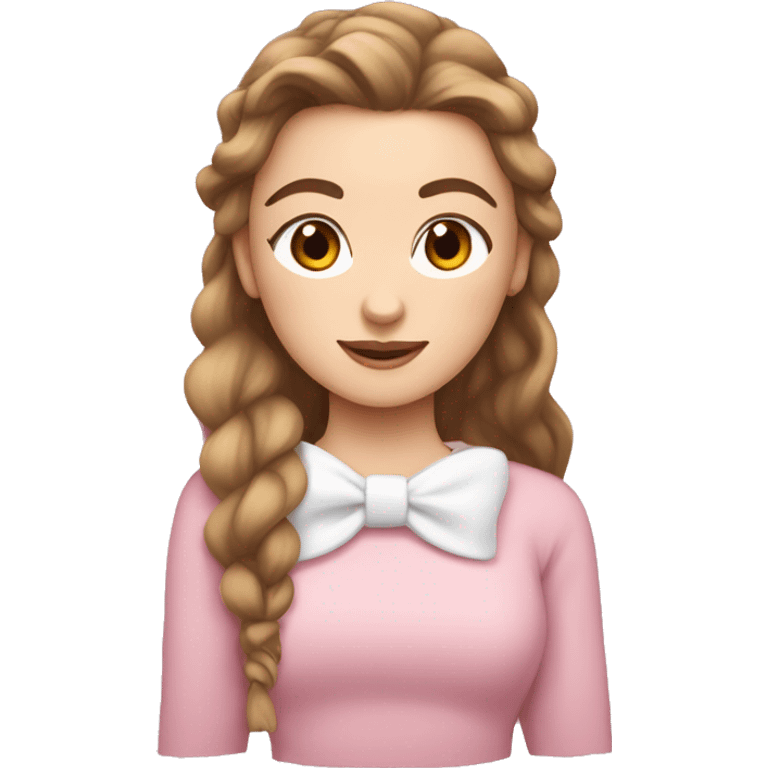 white girl with brown wavy hair in a pony tail with a white bow and a fringe, pink sweater emoji