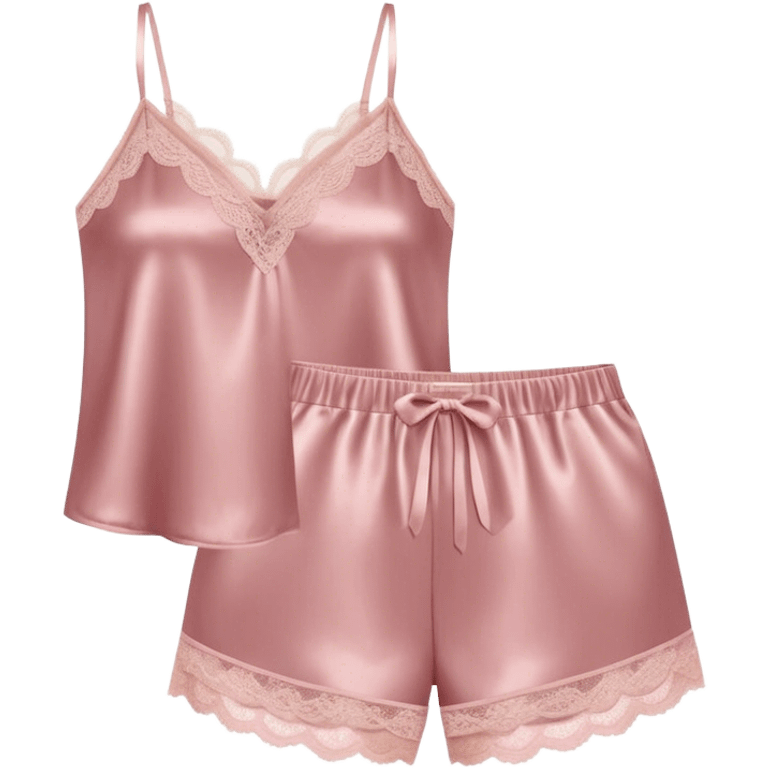 Dusty pink satin pajama shorts and camisole set with lace trim  emoji