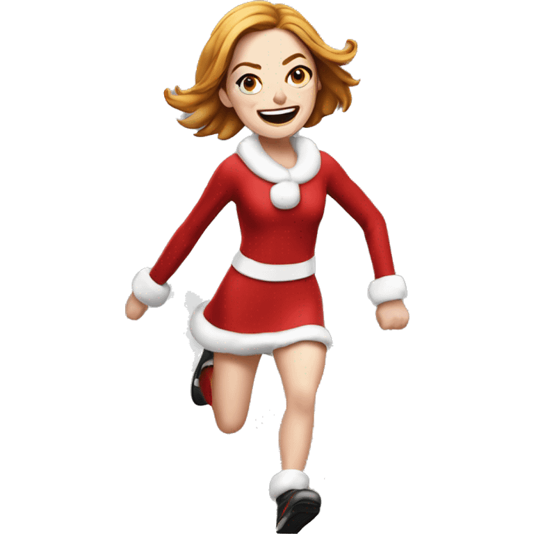 Emma Stone running emoji, with a large stride and arms outstretched, in a santa costume emoji