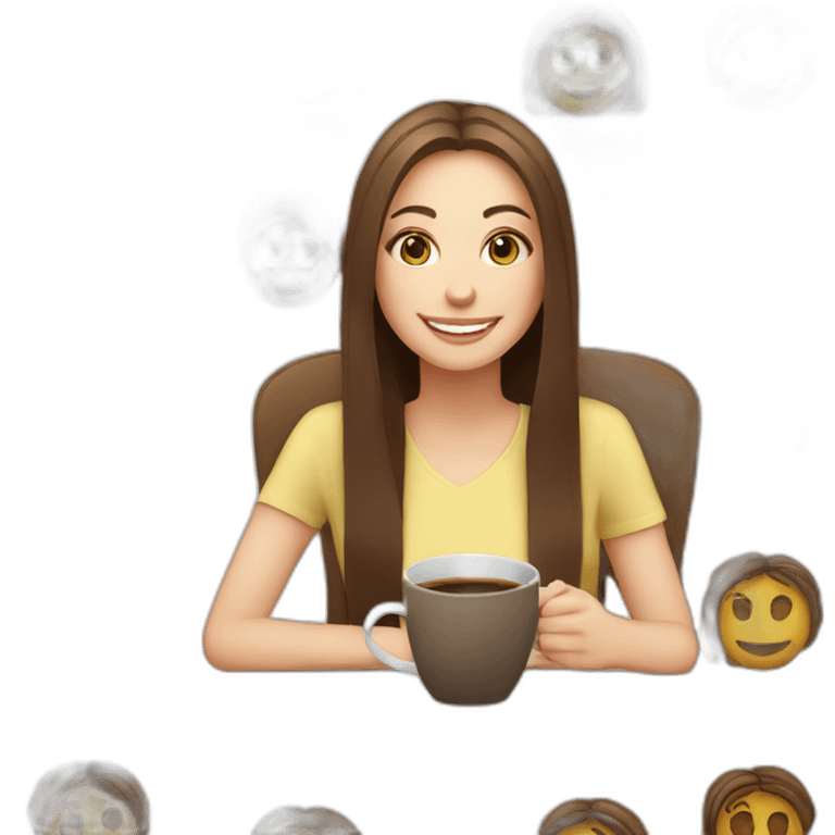 smiling woman with middle brown straight long hair and pale skin behind a laptop enjoying sipping coffee from a mug emoji