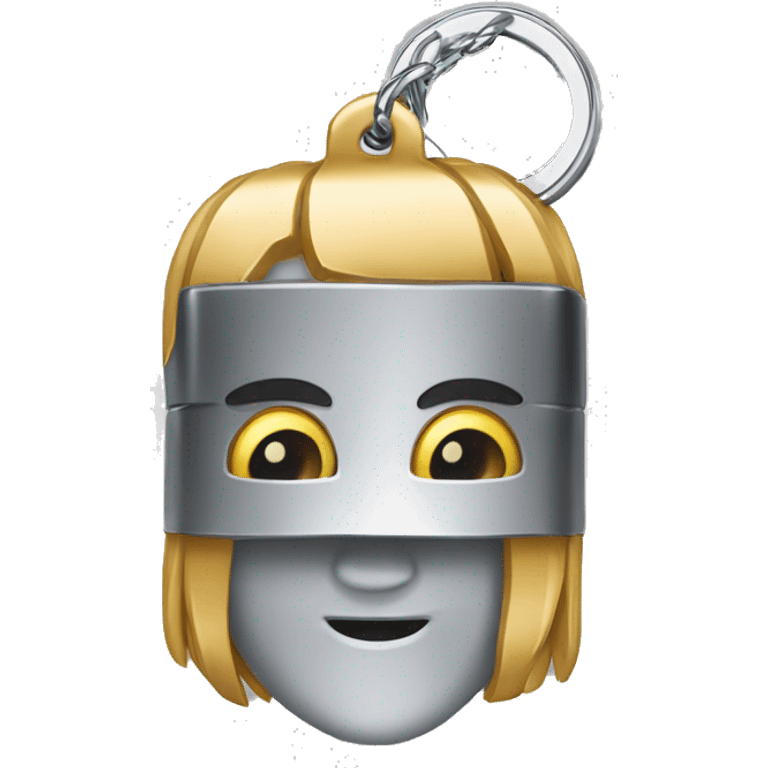 
metal billet with face holding a keychain emoji