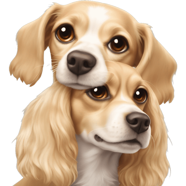 Tan and white chihuahua cocker spaniel mix happy, shorter ears + blonde girl snuggling the dog emoji