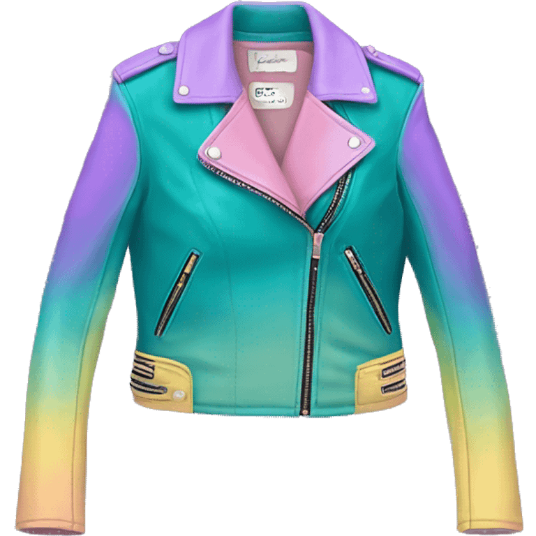 Realistic isolated side view of an open teal,pastel pink,pastel purple,and yellow ombre feminine fashion leather jacket.  emoji