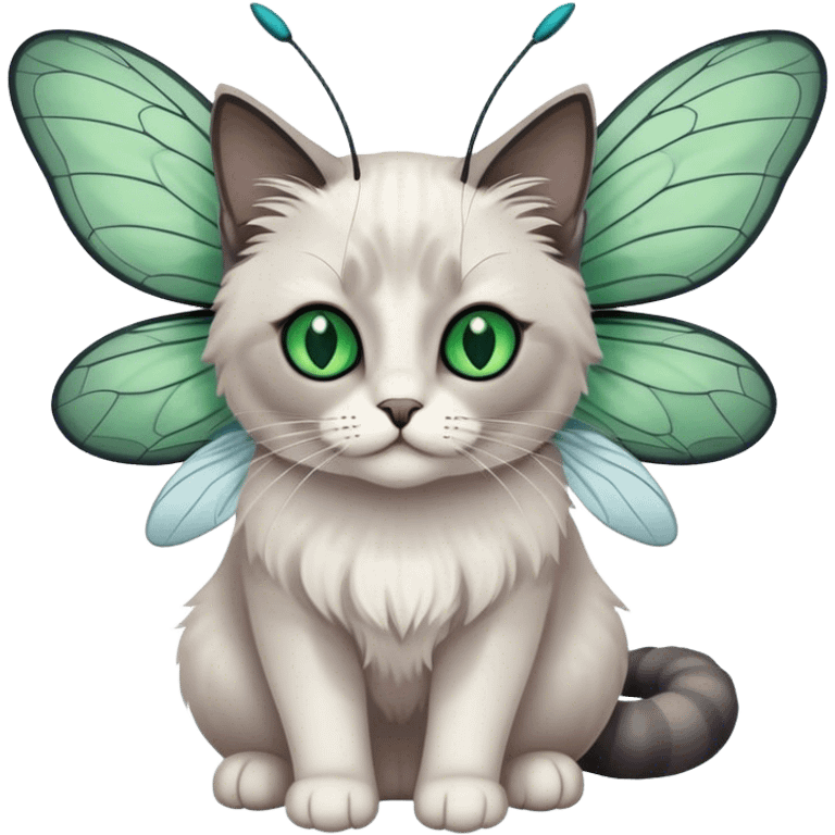 White and dark gray ragdoll Cat with dragonfly wings antennae green eyes emoji