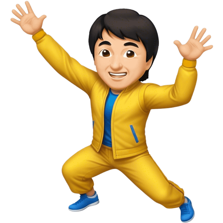 Cinematic Realistic Jackie Chan Pop Culture Emoji, depicted with playful agility and charismatic charm rendered with lifelike textures and vibrant, action‚Äêpacked lighting. emoji