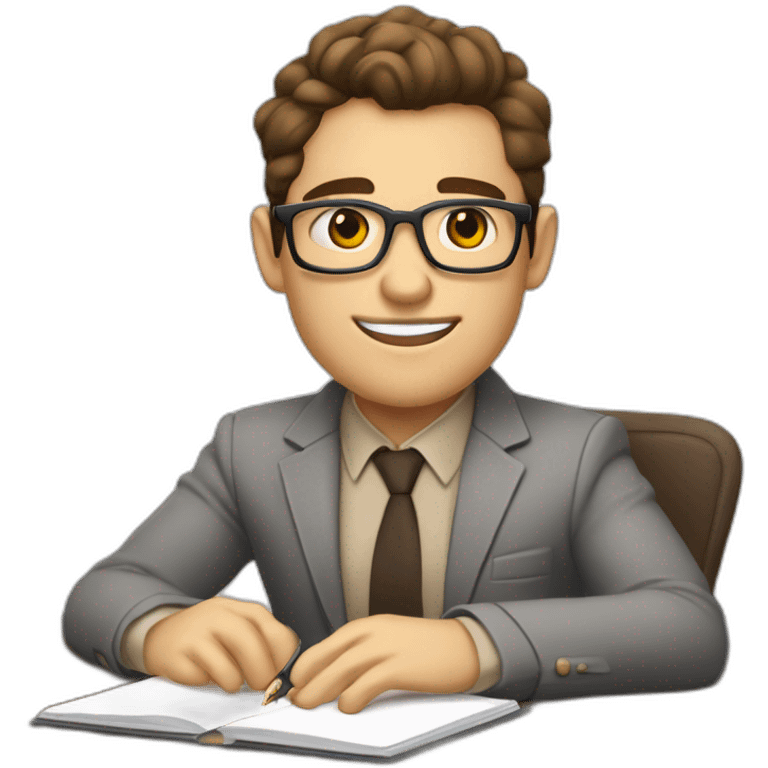 Pale skinned Fit Man With dark brown hair in gray jacket, beige office shirt, Brown pants and vintage glasses sitting In a soft chair with a notebook with emblem Ψ and a pen in his hands emoji