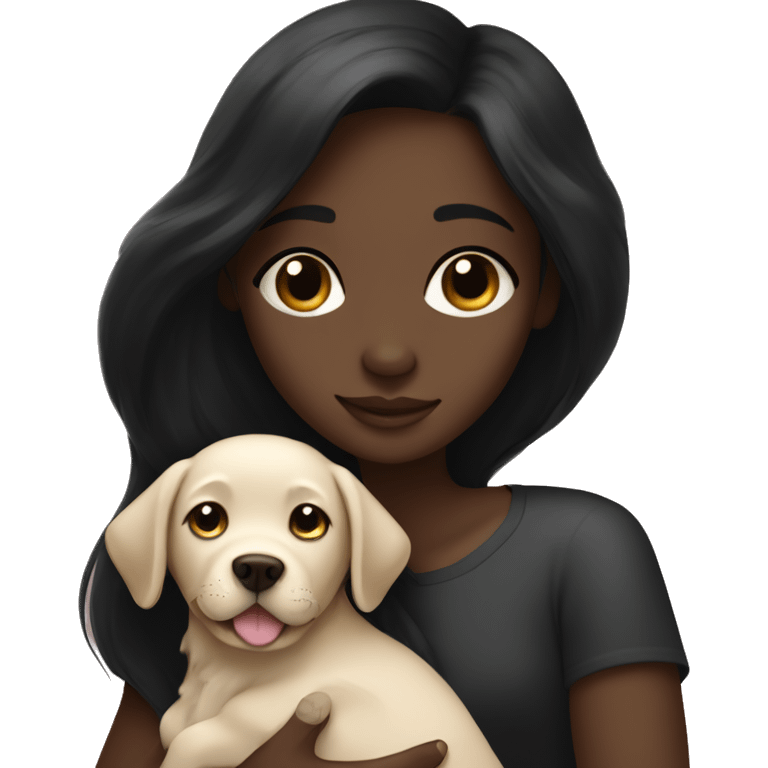 girl with very long black hair and dark skin hugging a Labrador puppy emoji