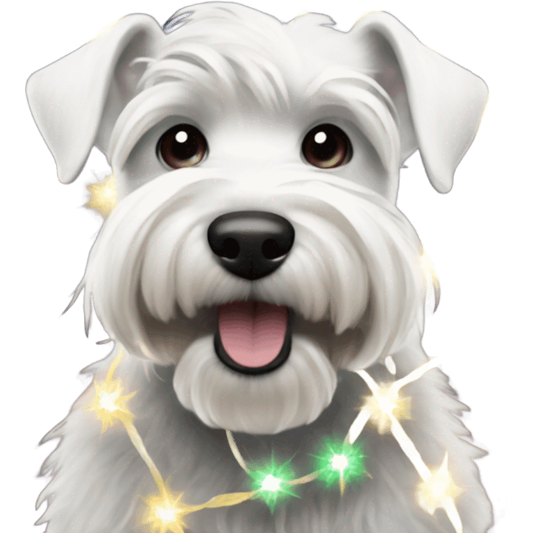 White miniature schnauzer tangled up in Christmas lights emoji