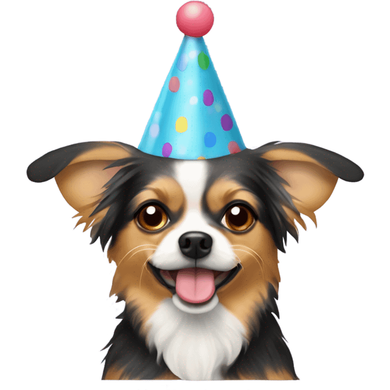 A chihuahua yorkie mix breed dog with floppy ears wearing a birthday hat emoji