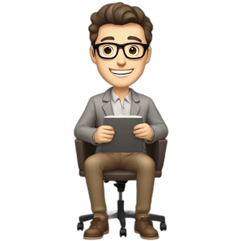 Joyful Celebrating victory Pale skinned Fit Man With dark brown hair in gray jacket, beige office shirt, Brown pants and vintage glasses sitting In a soft chair with a notebook and a pen emoji