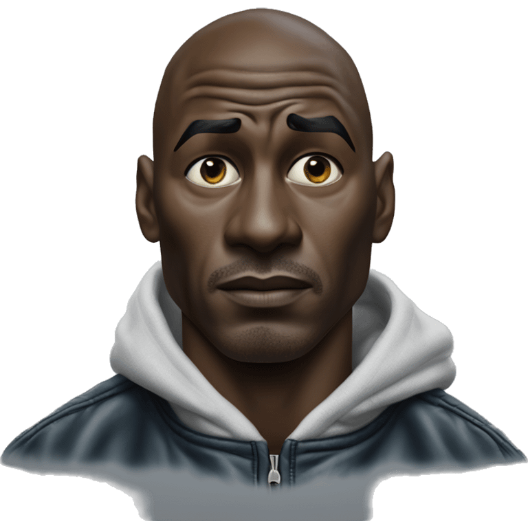 Michael Jordan in a jacket holds his head and is sad photorealistic serious emoji