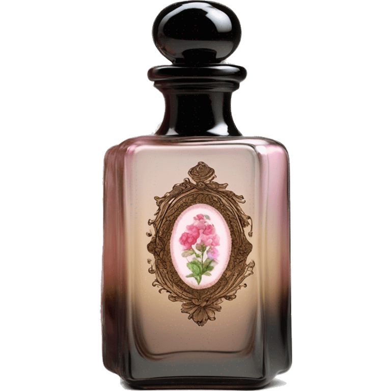 English vintage glass perfume bottle from my aristocratic grandmother, exquisite bottle shape, old and shabby, with label, stylish and minimalistic, black and brown with pink gradient, with little herbal and flowers  emoji