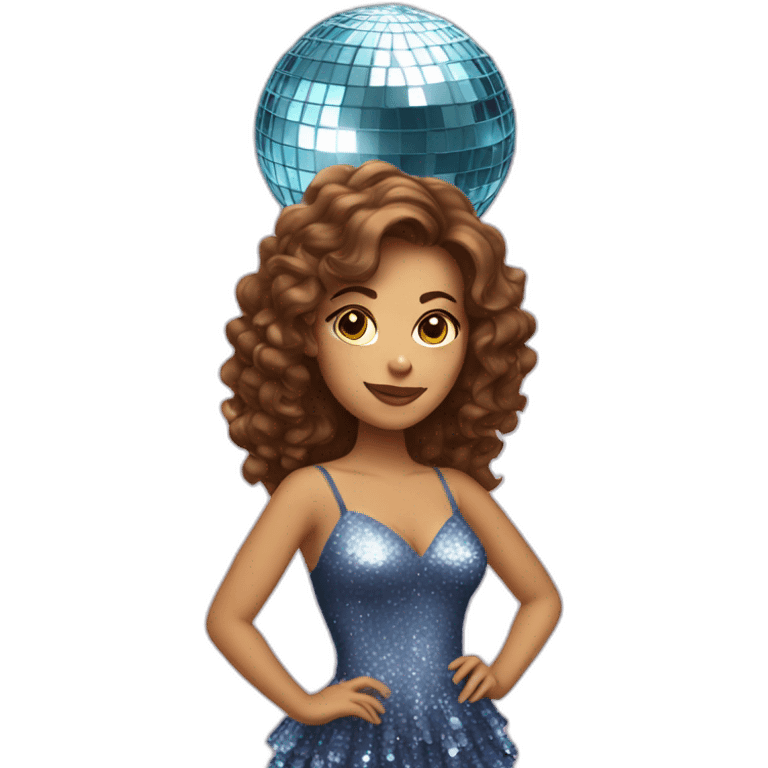 female with brown wavy hair dressed in a party dress and disco ball emoji