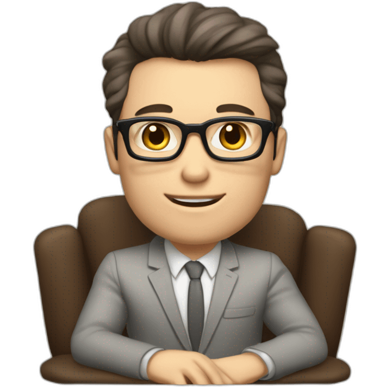 Pale skinned Fit Man With dark brown hair in gray jacket, beige office shirt and vintage glasses sitting In a soft chair with a notebook with emblem Ψ and a pen in his hands emoji