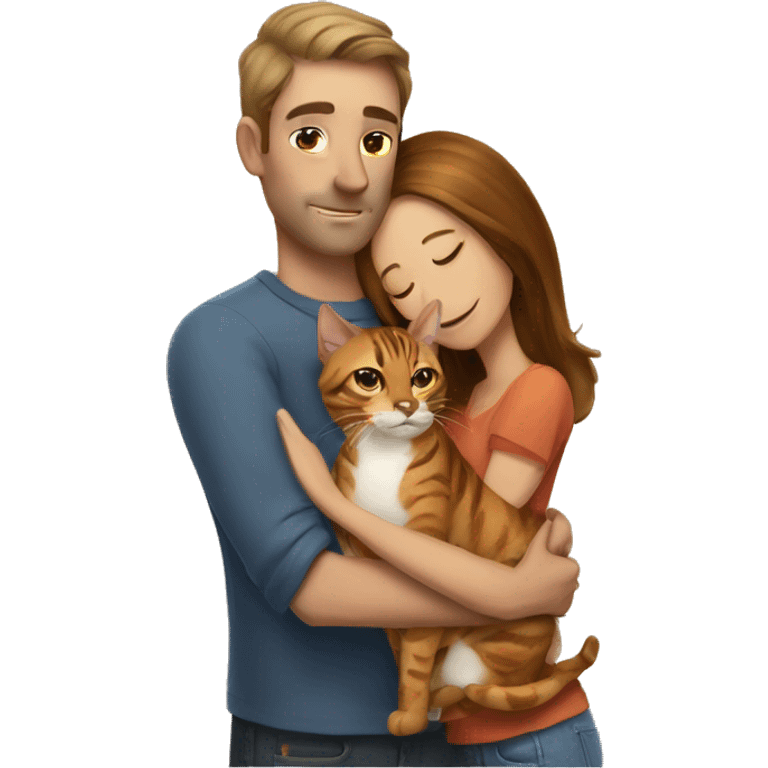 A man hugs a long brown-haired skinny hot woman and a bengal cat emoji