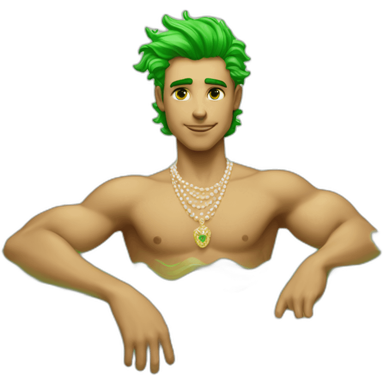 Posh-muscle-boy-with-green-eyes-and-unicorn-hair-and-pearl-necklace-in-golden-bathtub emoji