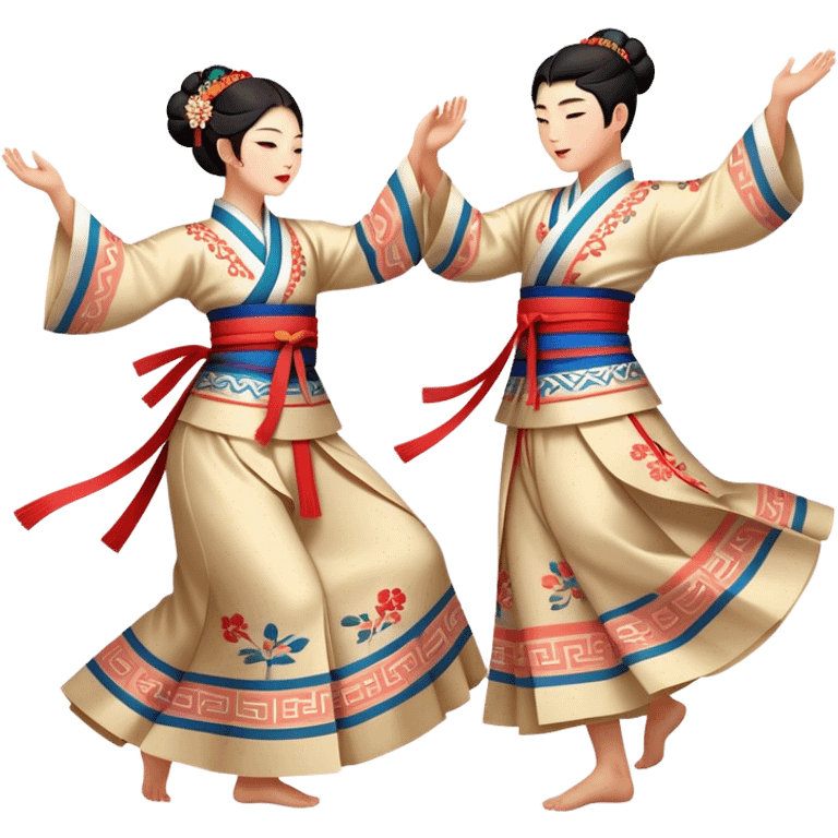 Cinematic Realistic scene of two performers engaging in Ganggangsullae, dressed in traditional Korean costumes with intricate patterns and graceful movements, illuminated by soft, festive lighting that accentuates the cultural ambiance emoji