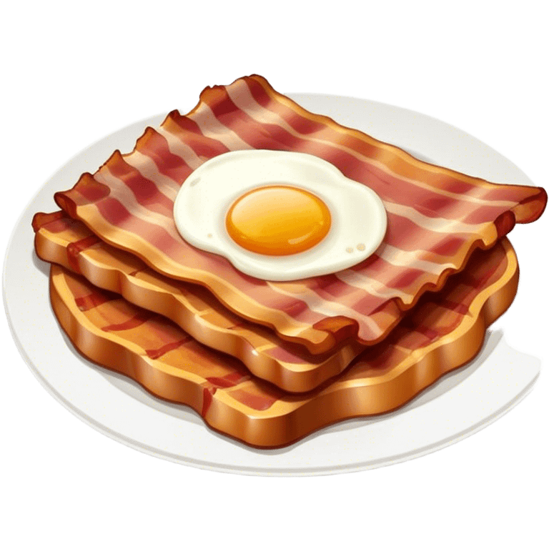 Cinematic crispy sizzling bacon, slightly curled, golden-brown with a perfect crunch, glistening with rich flavor, deep warm tones, served on a breakfast plate, comforting and indulgent. emoji