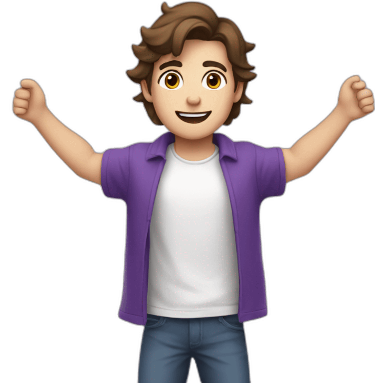 young french man, arms up, brown hair, purple t-shirt, white skin, head large emoji