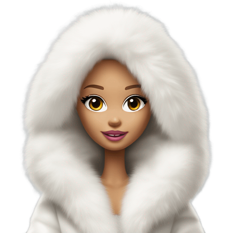 Barbie looking emoji  in an extremely big fluffy oversized white fur coat with hood on. The fur is real and it’s very obvious big and fluffy like in Pinterest  emoji