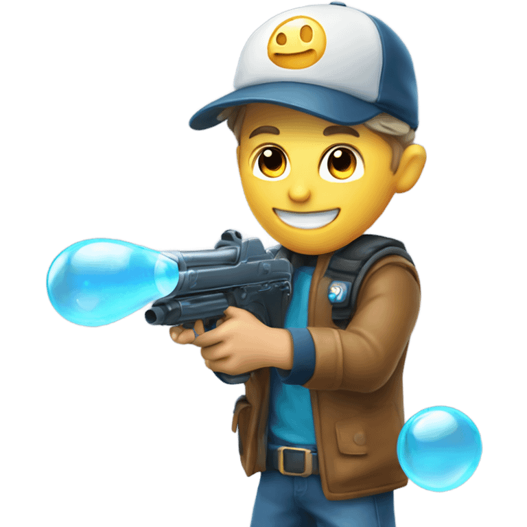 Caucasian boy in glowing gear with mask and hat and shooting a bubble gun emoji