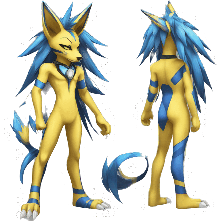 Yellow Anthro Edgy Cool Sonic-Zeraora-Anubis-Renamon-Jolteon-Pokémon-Fakémon with shiny blue stripes Full Body Detailed High Quality  emoji